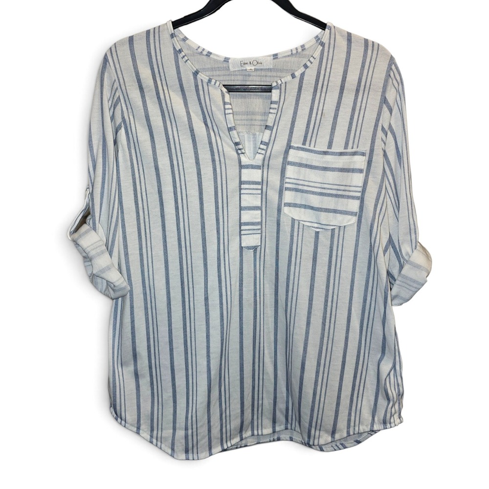 Eden & Olivia Striped Blouse Womens Medium Blue White Good Roll Tab Split Neck